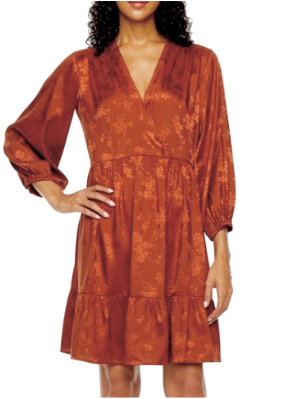 52seven Burnt Orange Satin Babydoll Dress Size 8 Floral Tiered Mini